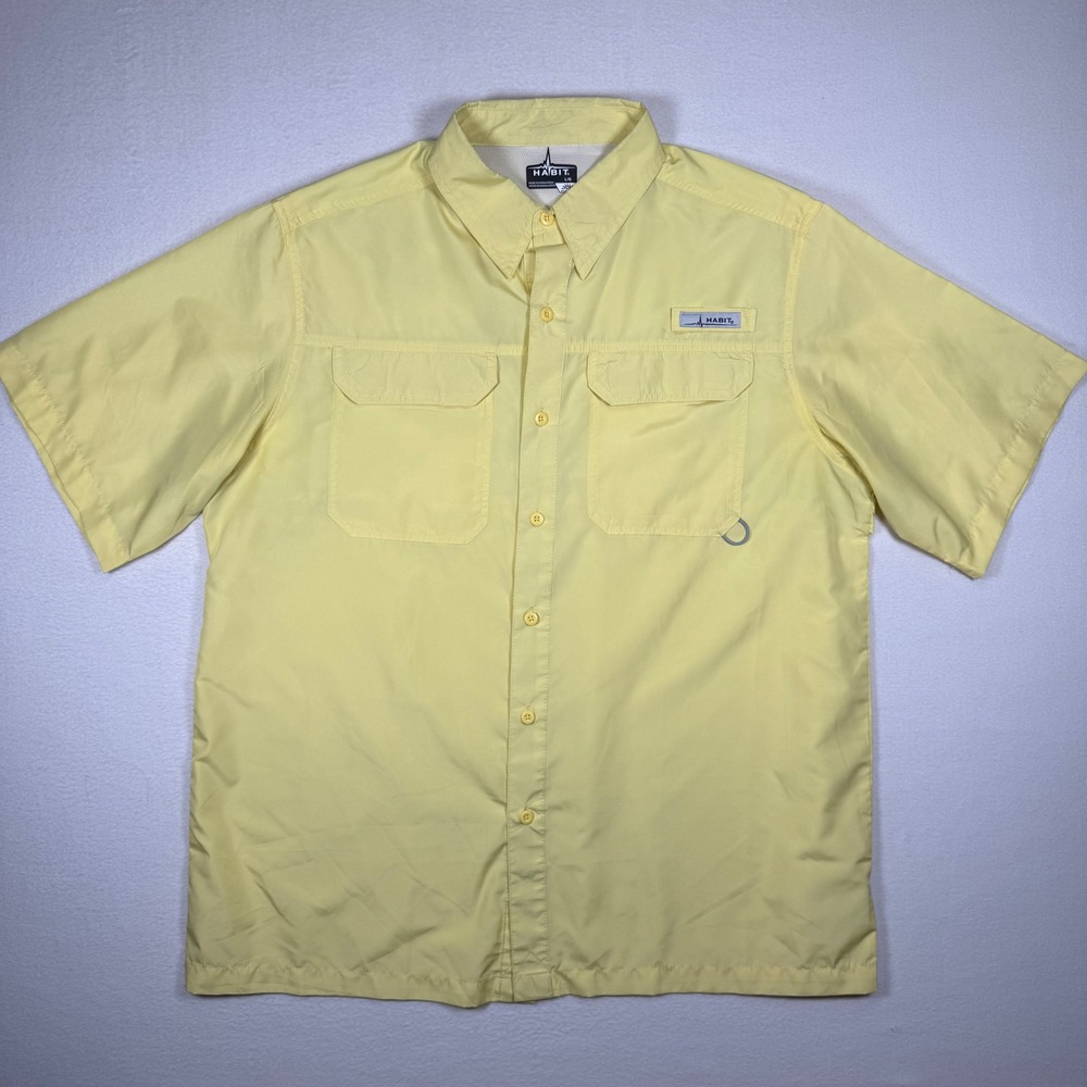 Habit Mens Fishing Shirt Large Yellow Short Sleeve UPF 40 Ventilated Button Down